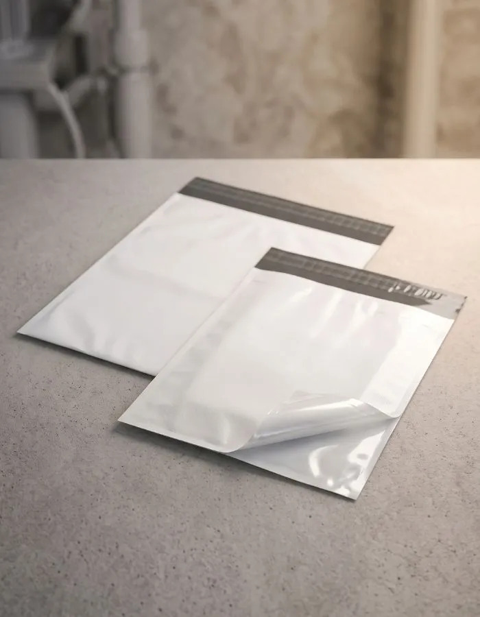 White polythene courier mailing bags with adhesive seal strips