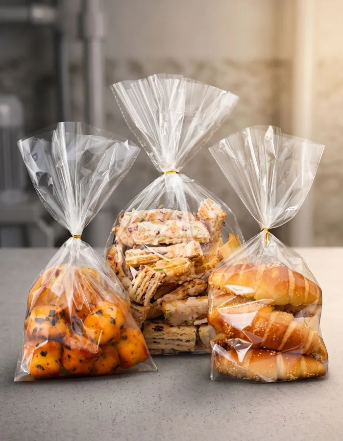 Clear polythene food bags holding bread and pastries, tied at the top