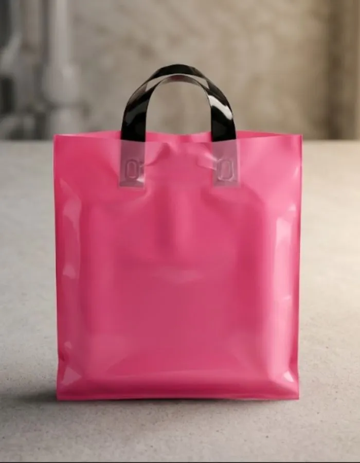 A pink polythene carry bag with soft loop handles