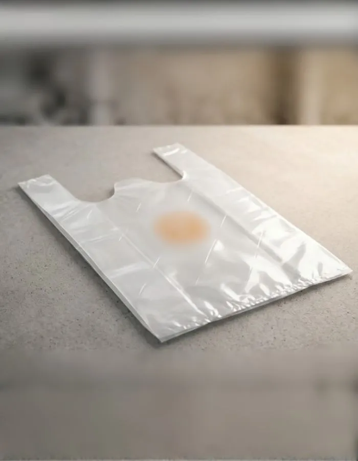 A white polythene shopping bag with a printed logo