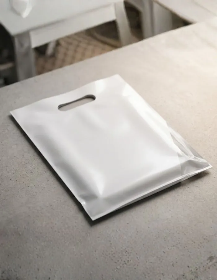A white die-cut handle polythene textile bag lying on a table