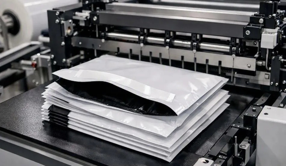 Finished 2-layer polythene bags stacked at a bag-making machine